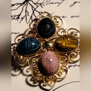 Beautiful Scarab Natural Stone "Good vibes" Brooch 12k GF